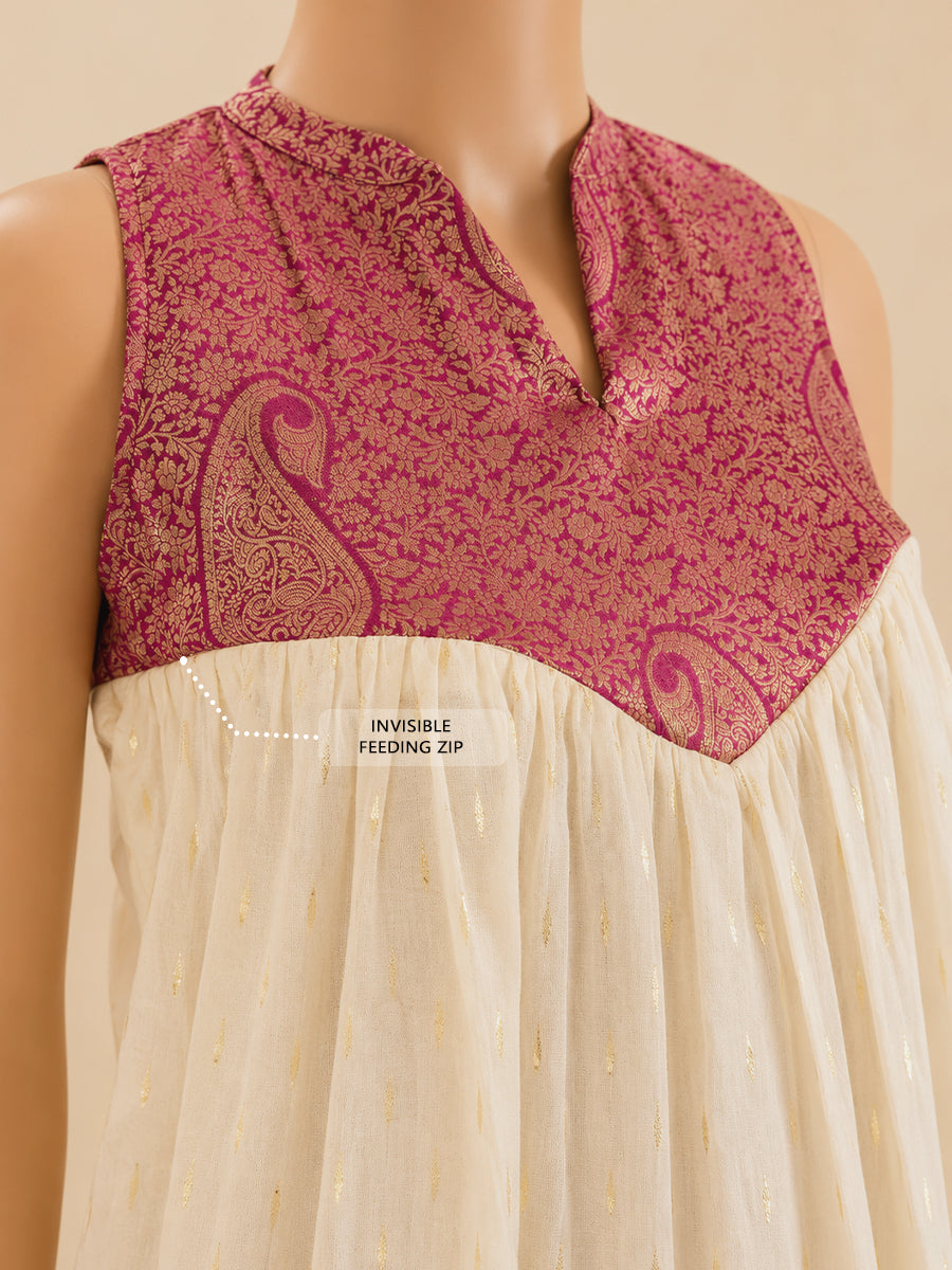 Ziva Onam Maternity & Feeding Sleeveless Dress | Onakodi | Light Cream Handloom Cotton with Burgundy Banarasi Yoke | Hidden Feeding Zips & Side Pocket