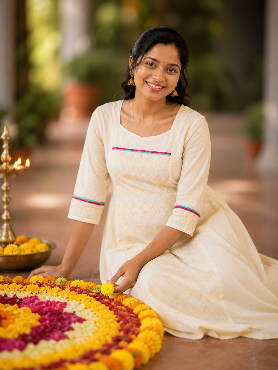 Ziva Onam Maternity & Feeding Dress | Onakodi | Light Cream Cotton | Square Neck | Invisible Feeding Zips & Side Pocket