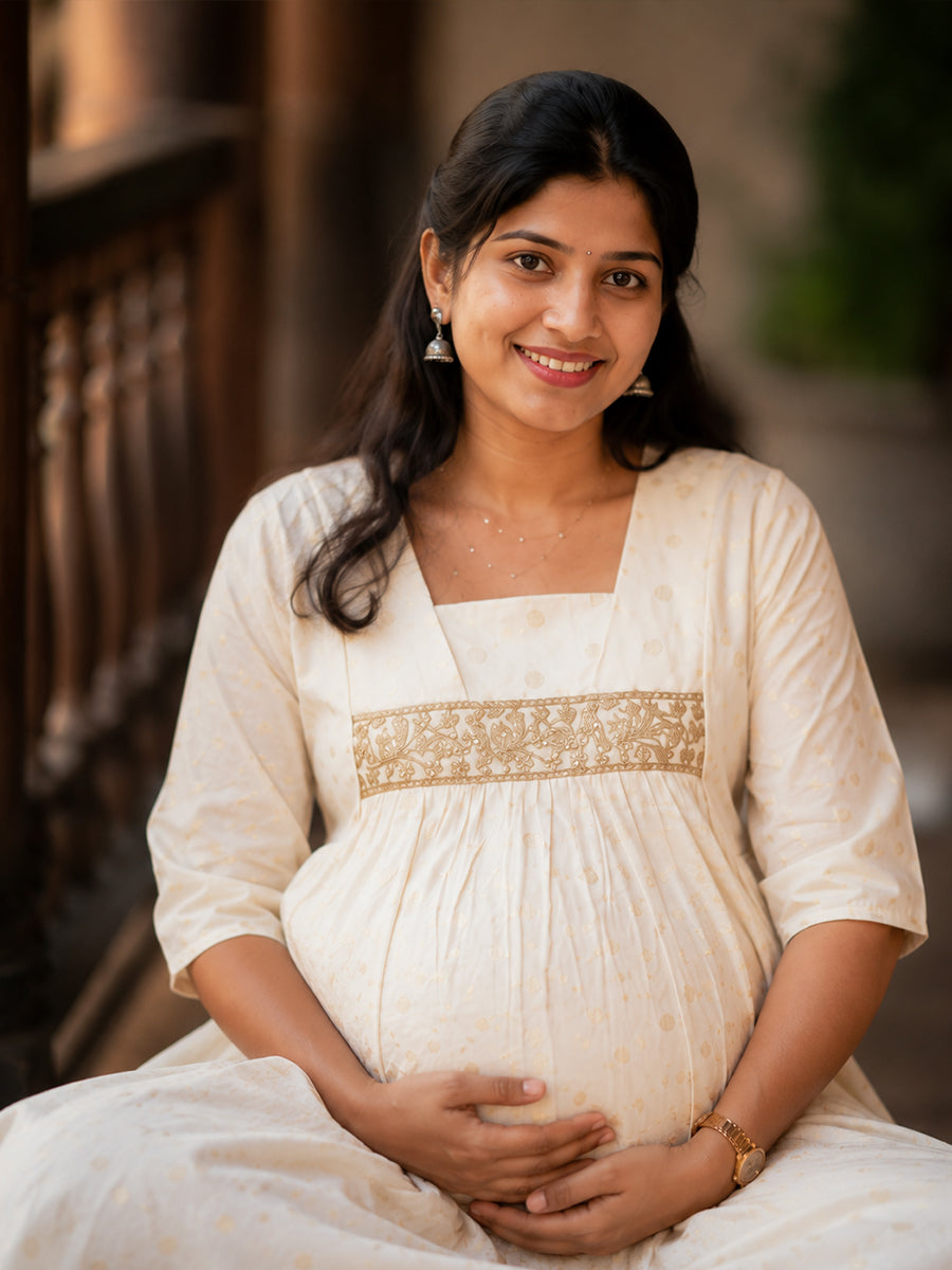 Ziva Onam Maternity & Feeding Dress | Onakodi | Light Cream Gold Butta Textured Cotton | Invisible Feeding Zips & Side Pocket