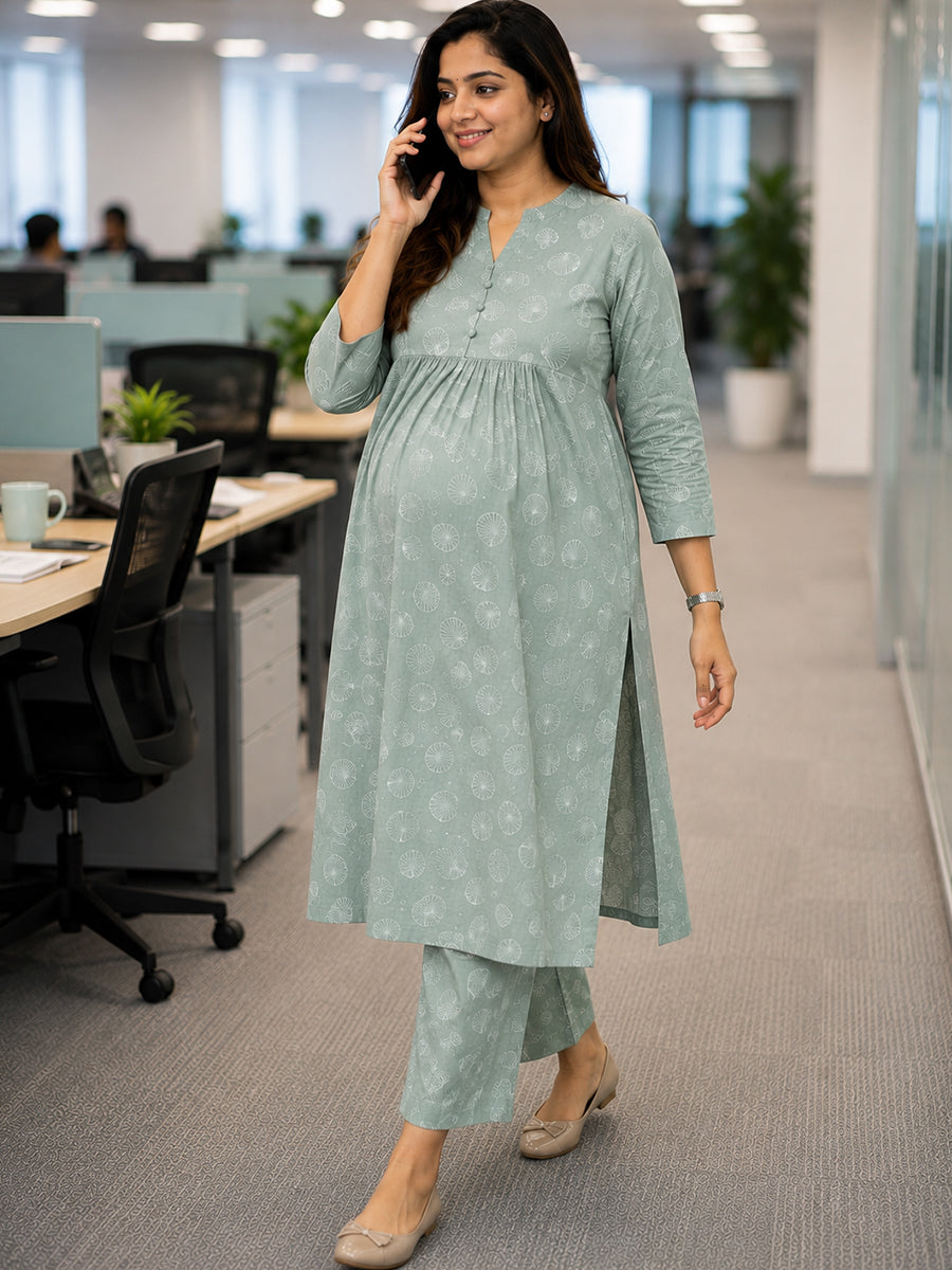 Ziva Maternity & Feeding Cotton Co-ord Set with Side Zips & Pockets – Pistachio Green Seashell Print