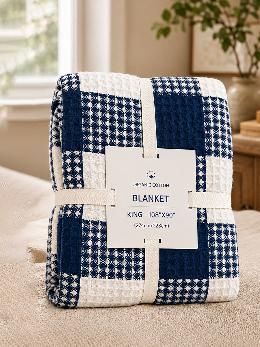 Ziva Premium Organic Cotton Waffle Blanket | Navy Blue & White | Multipurpose Pregnancy to Family Blanket | Soft & Breathable |Size- King, Queen, Twin