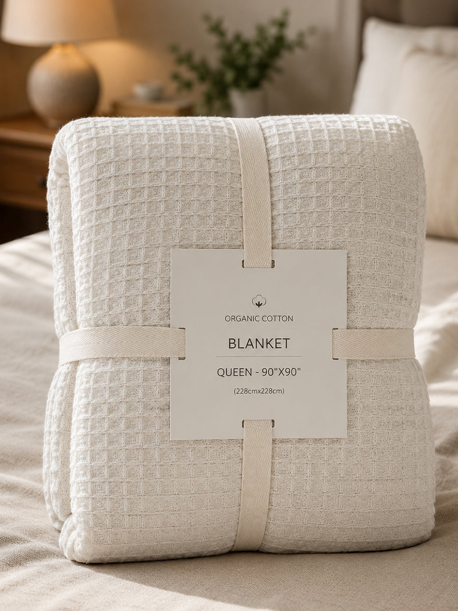 Ziva Premium Organic Cotton Waffle Blanket | Off White | Multipurpose Pregnancy to Family Blanket | Soft & Breathable| Size- King, Queen, Twin