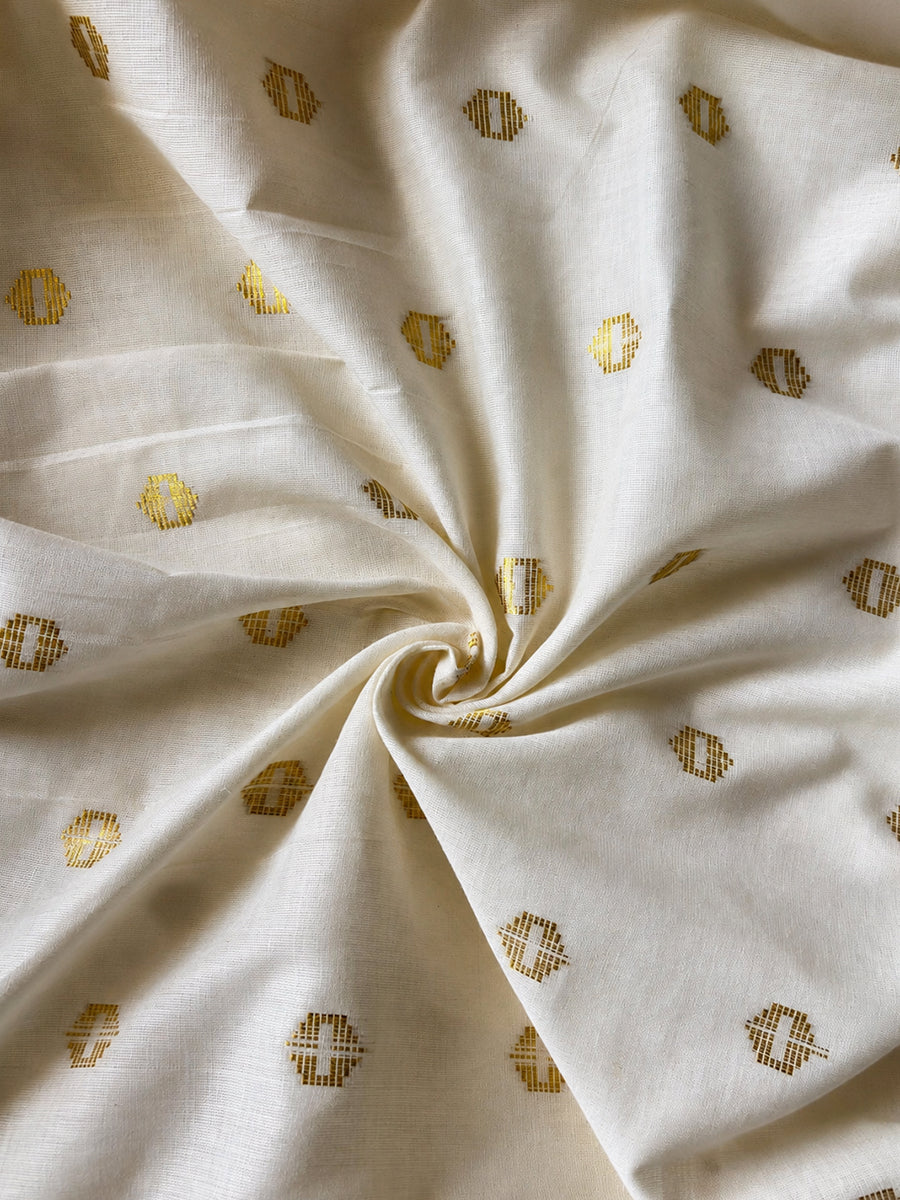 Ziva Onam Maternity & Feeding Dress | Onakodi | Off White Handloom Cotton with Orange-Gold Brocade Yoke | Gold Zari Motifs