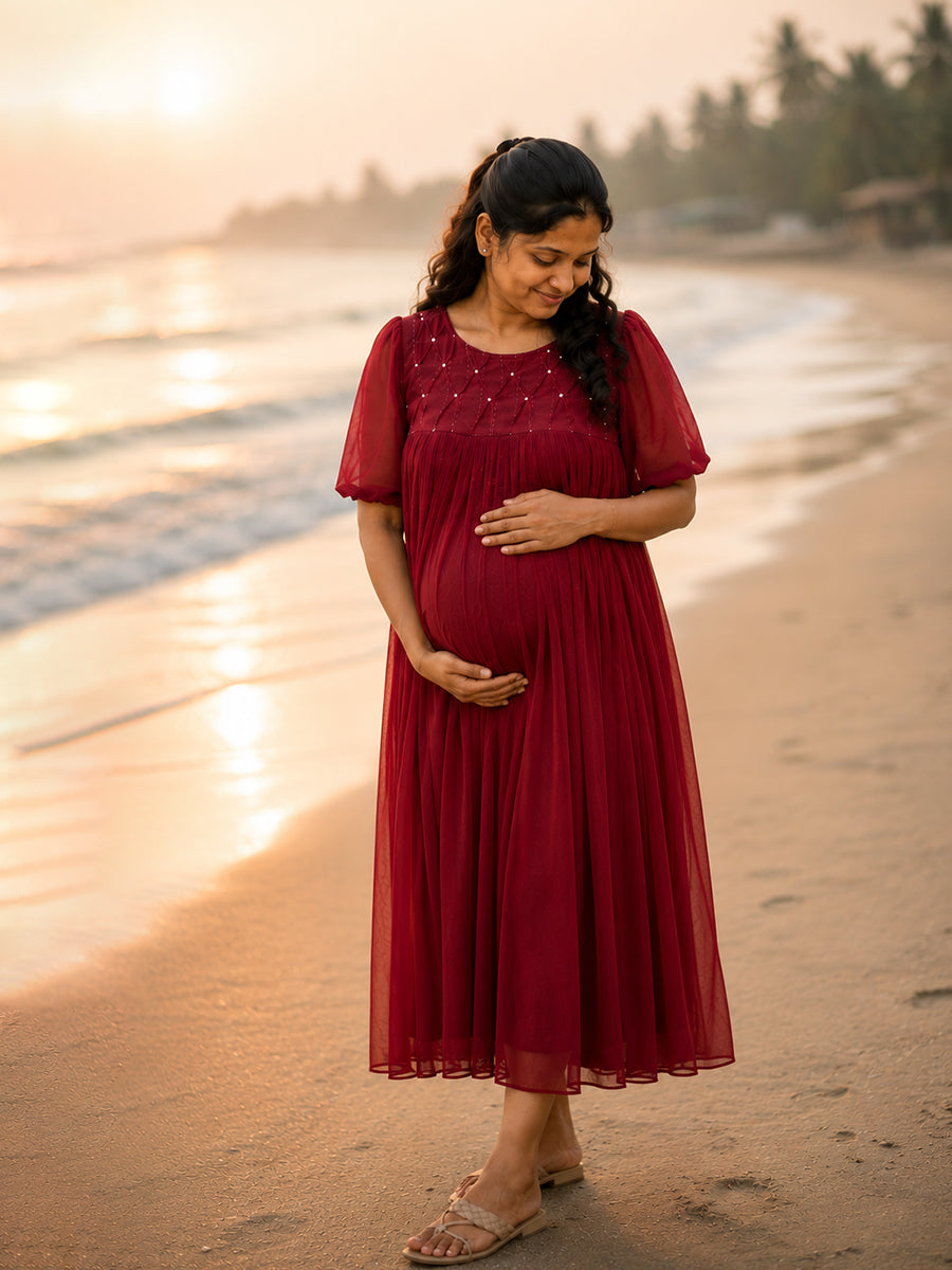Ziva Maternity & Feeding Multipurpose Party Wear Dress – Dark Cherry Red | Concealed Feeding Zips
