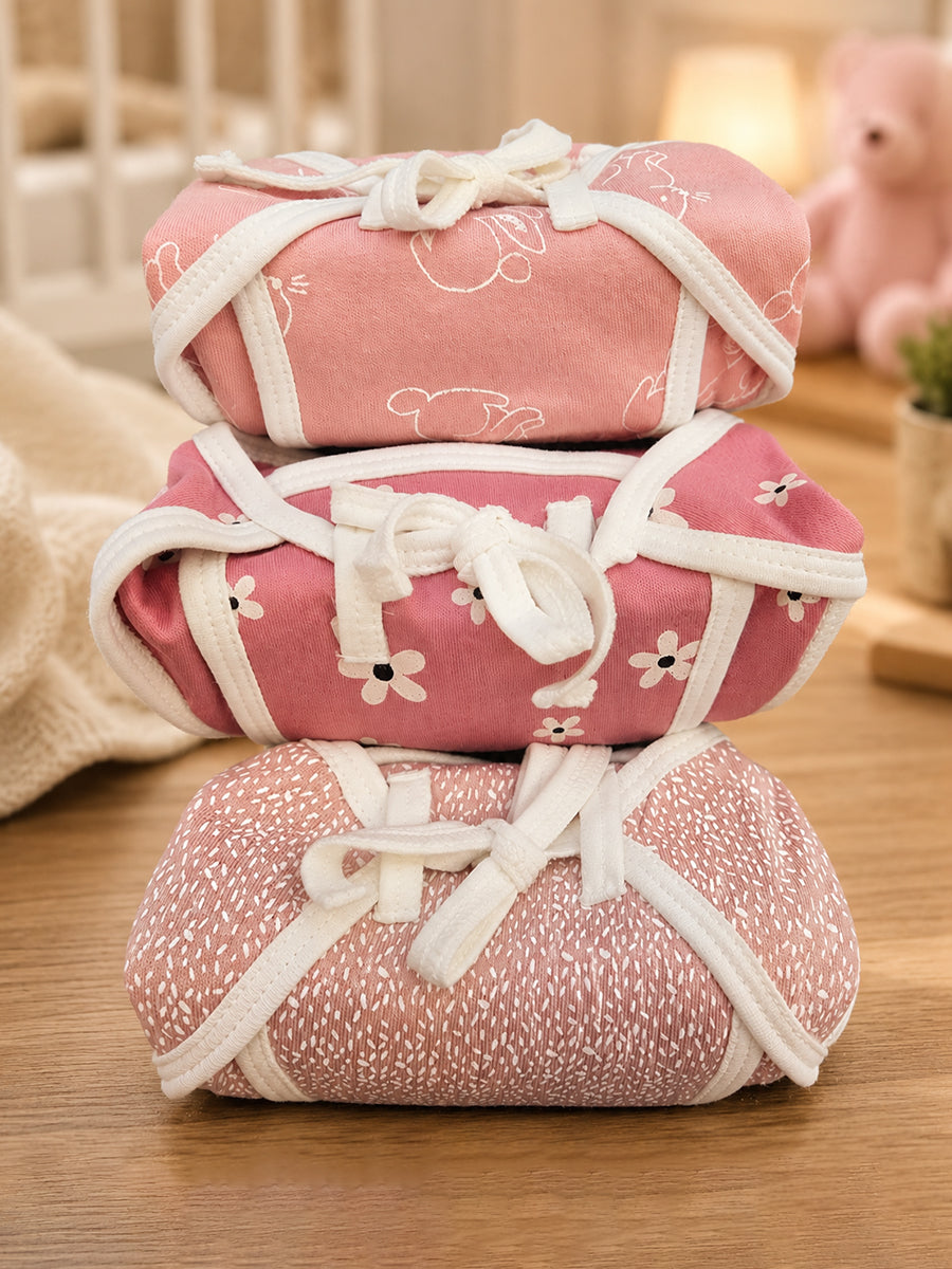 Ziva 3 Piece Nappy – Baby Girl | Adjustable Tie Nappy | Knitted Cotton | Lightly Padded Attached Insert | Assorted Pink Colors & Prints (Print Details: Check Product Description)
