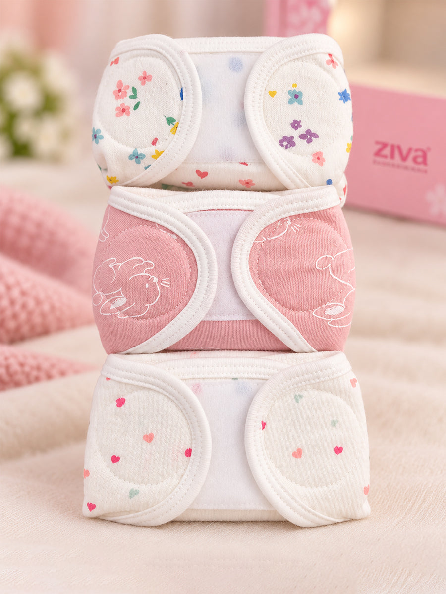 Ziva 3 Piece Velcro Nappy – Baby Girl | Premium Knitted Cotton | Lightly Padded Attached Insert | Assorted Off-White, White & Pink Prints