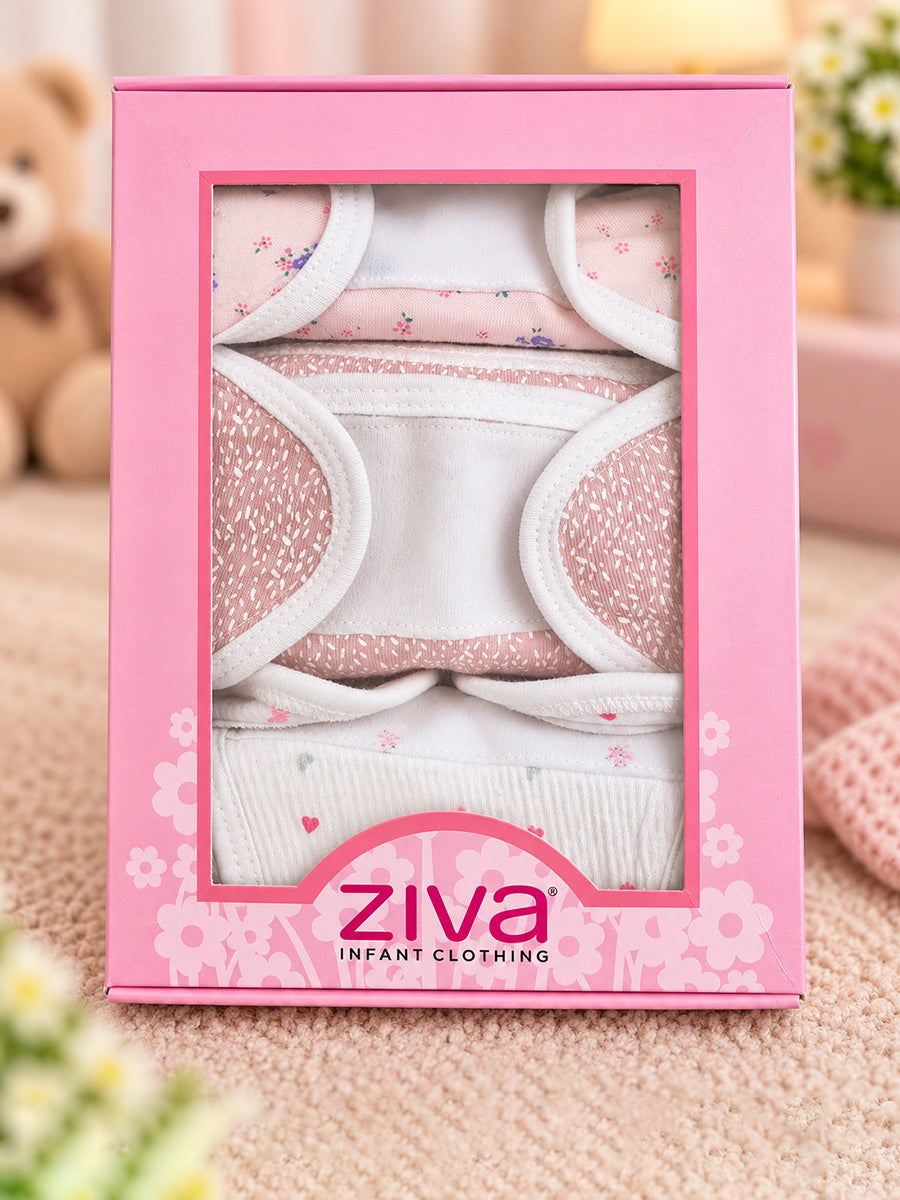 Ziva 3 Piece Velcro Nappy – Baby Girl | Premium Knitted Cotton | Lightly Padded Attached Insert | Assorted Pink & Off-White Prints