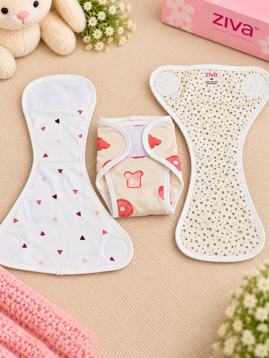 Ziva 3 Piece Velcro Nappy – Unisex | Premium Knitted Cotton | Lightly Padded Attached Insert | Assorted Beige, White & Off-White Prints