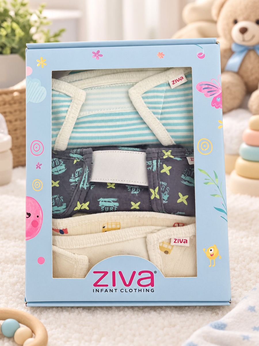 Ziva 3 Piece Velcro Nappy – Baby Boy | Premium Knitted Cotton | Lightly Padded Attached Insert | Assorted Blue, Charcoal & Off-White Prints