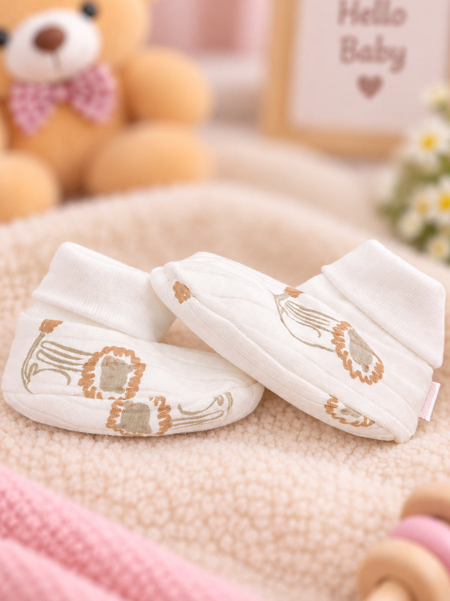 Ziva Premium Baby Booties – Pack of 3 Pairs | Knitted Cotton | Assorted Unisex Prints – Little Animal, Cloud-Star & Lion Theme(Print & Colour Details: Check Product Description)