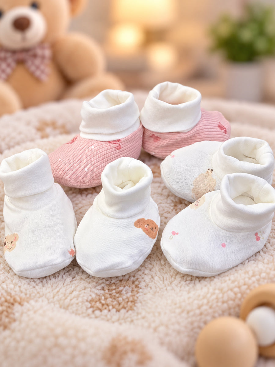 Ziva Premium Baby Booties – Pack of 3 Pairs | Knitted Cotton | Assorted Baby Girl Prints – Pink Bow, Teddy & Pastel Dot Theme (Print & Colour Details: Check Product Description)