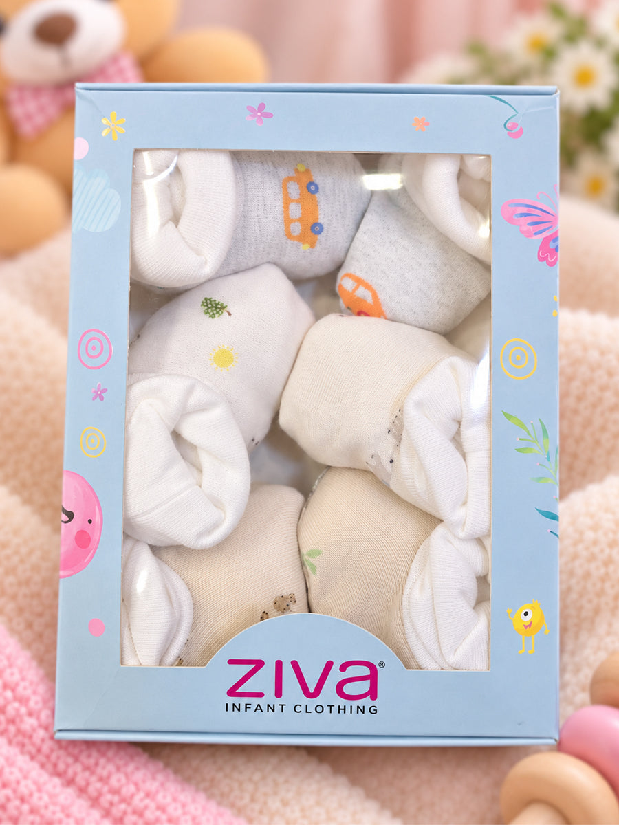 Ziva Premium Baby Booties – Pack of 3 Pairs | Knitted Cotton | Assorted Baby Boy Prints – Vehicle, Teddy & Minimal Character Theme (Print & Colour Details: Check Product Description)