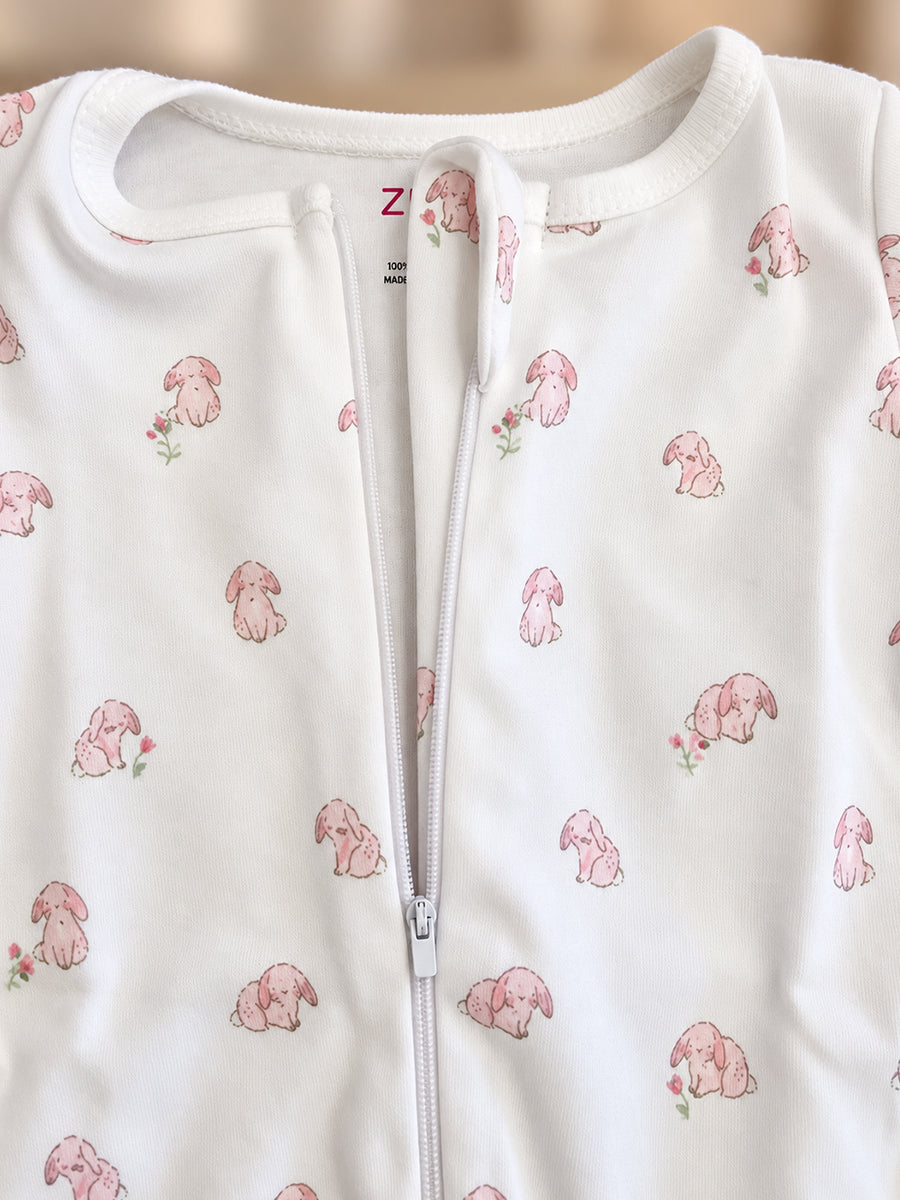 Ziva Baby Sleepsuit with Cap – Off White Tiny Bunny Print | Premium Knitted Cotton | Front Zip | Fold-Over Mittens & Integrated Booties