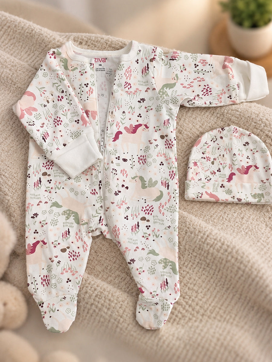 Ziva Baby Sleepsuit with Cap – Off White Unicorn Garden Print | Premium Knitted Cotton | Front Zip | Fold-Over Mittens & Integrated Booties
