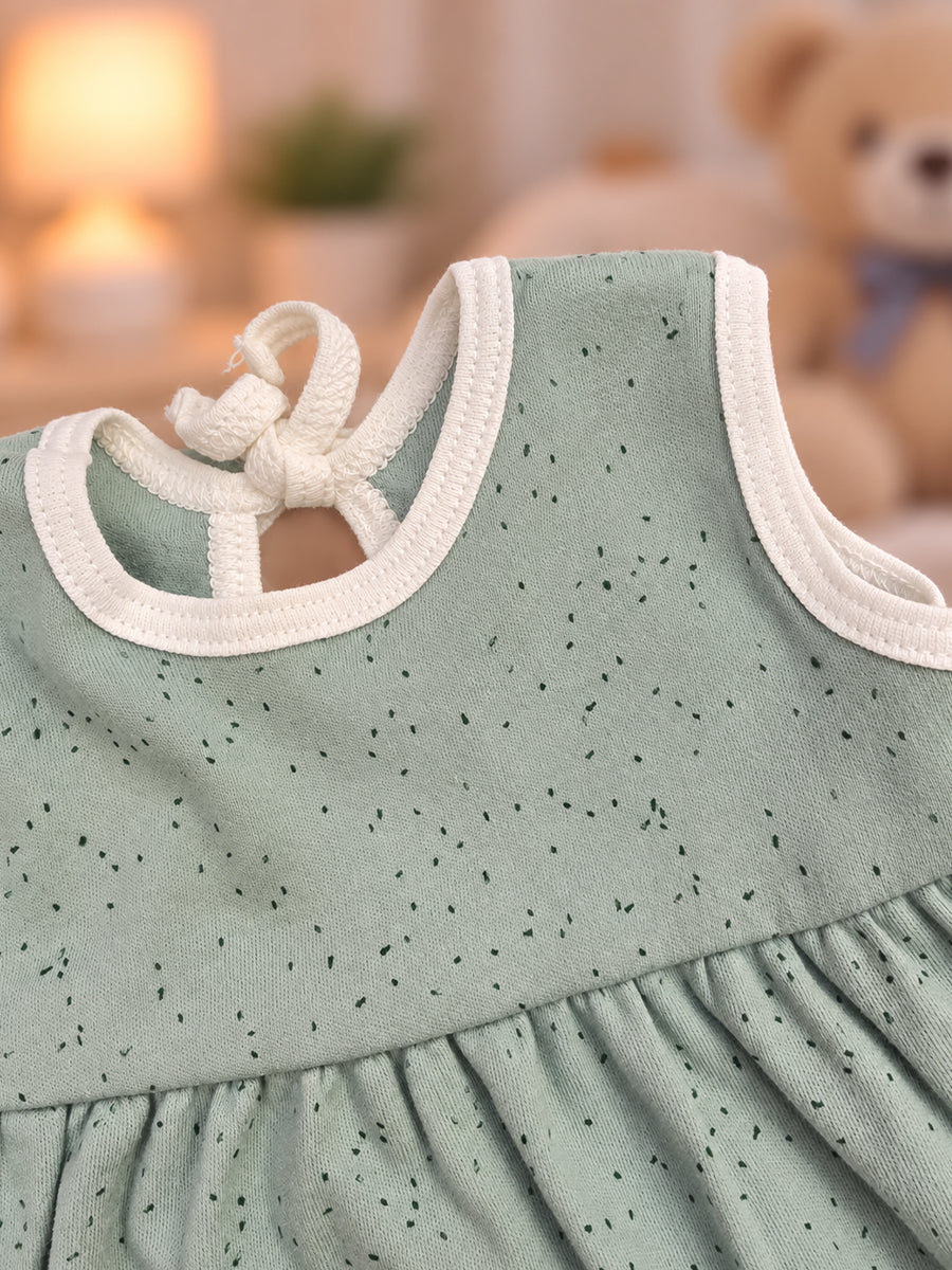 Ziva Baby Girl Frock with Pantie – Sage Green Speckled Print | Premium Knitted Cotton | Back Adjustable Tie | 2-Piece Set