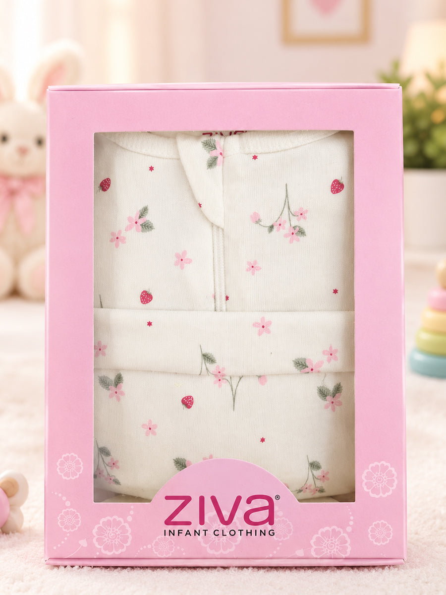 Ziva Baby Sleepsuit with Cap – Off White Tiny Strawberry Blossom Print | Premium Knitted Cotton | Front Zip | Fold-Over Mittens & Integrated Booties