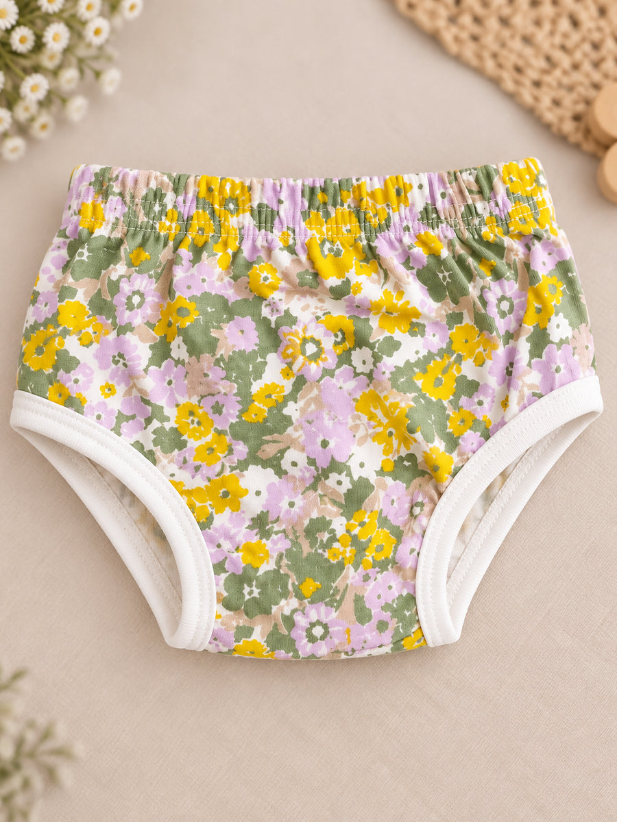 Ziva Baby Girl Frock with Pantie – Pastel Yellow & Lilac Floral Print | Premium Knitted Cotton | Cream Lace Yoke | 2-Piece Set