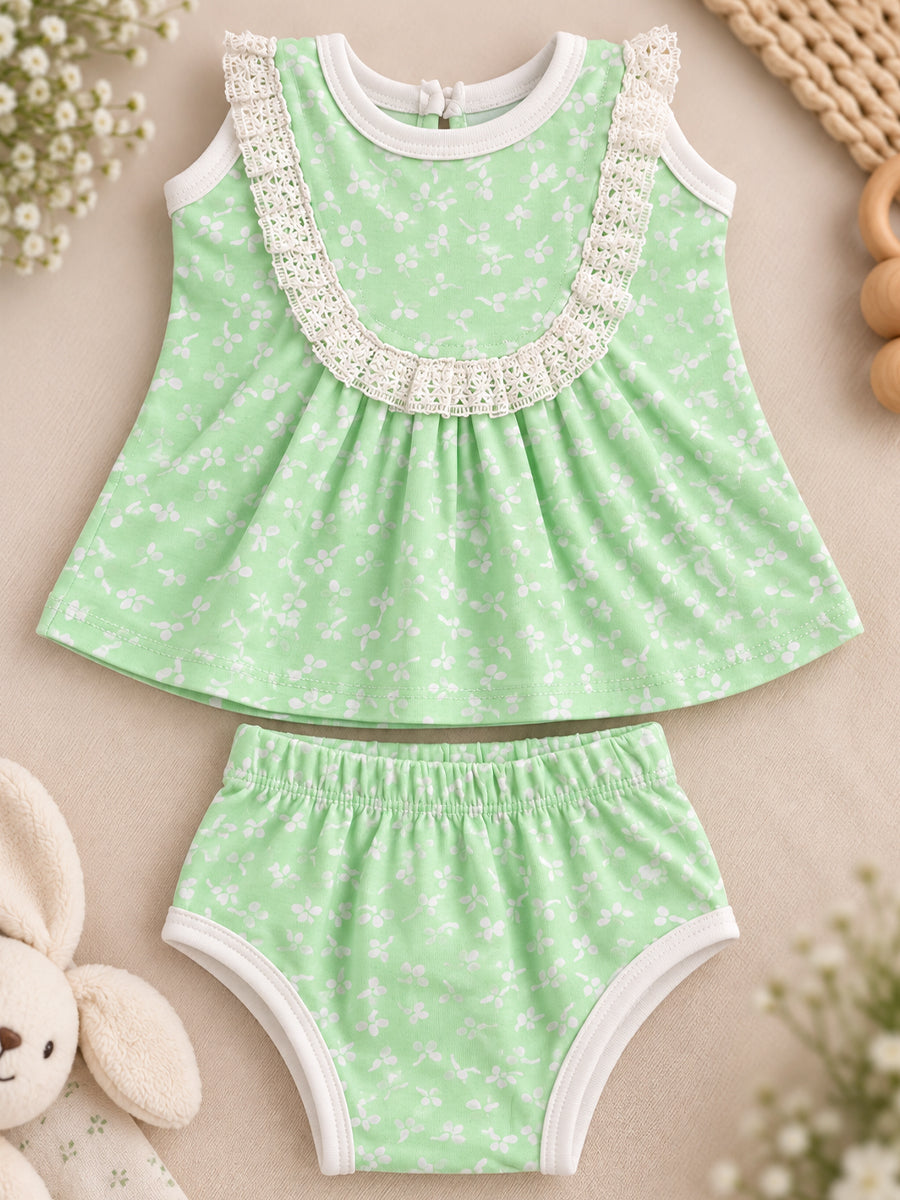 Ziva Baby Girl Frock with Pantie – Mint Green Tiny Floral Print | Premium Knitted Cotton | White Lace Yoke | 2-Piece Set