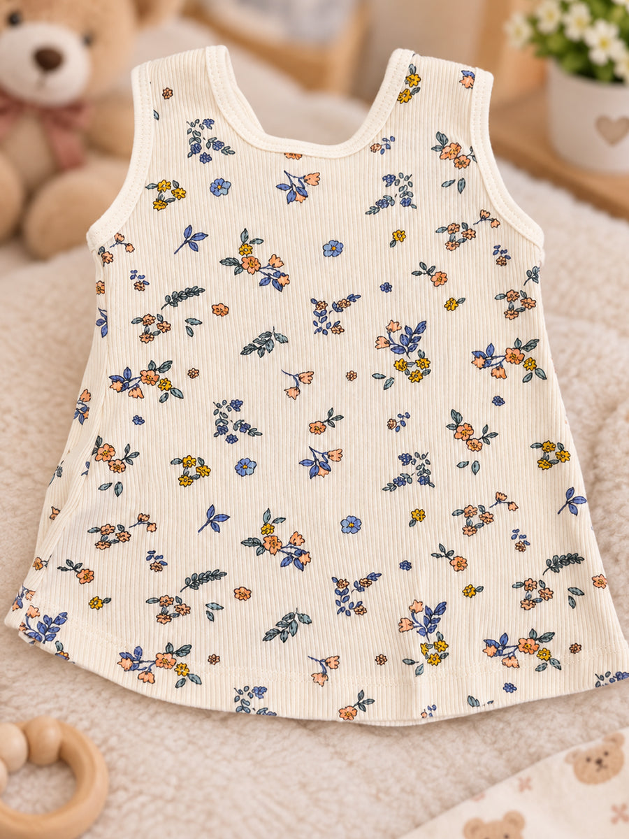 Ziva Baby Girl Frock with Pantie – Soft Ivory Tiny Floral Print | Premium Knitted Cotton | Shoulder Button & Front Pockets | 2-Piece Set