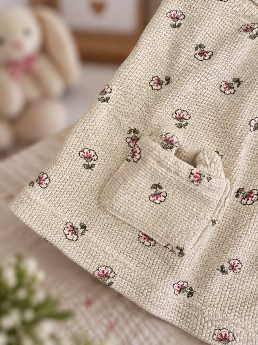 Ziva Baby Girl Frock with Pantie – Soft Cream Tiny Blossom Print | Premium Knitted Cotton | Shoulder Buttons & Front Pockets | 2-Piece Set