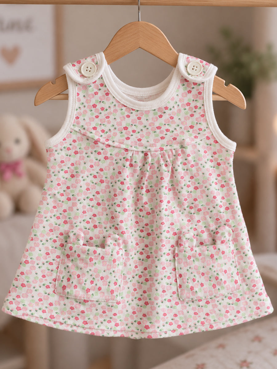Ziva Baby Girl Frock with Pantie – Soft Cream Tiny Pink Floral Print | Premium Knitted Cotton | Shoulder Buttons & Front Pockets | 2-Piece Set