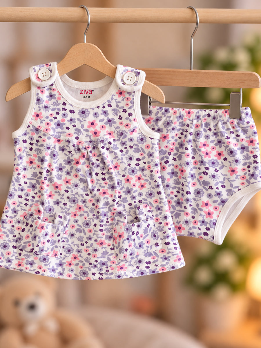 Ziva Baby Girl Frock with Pantie – Soft Cream Lavender & Pink Floral Print | Premium Knitted Cotton | Shoulder Buttons & Front Pockets | 2-Piece Set