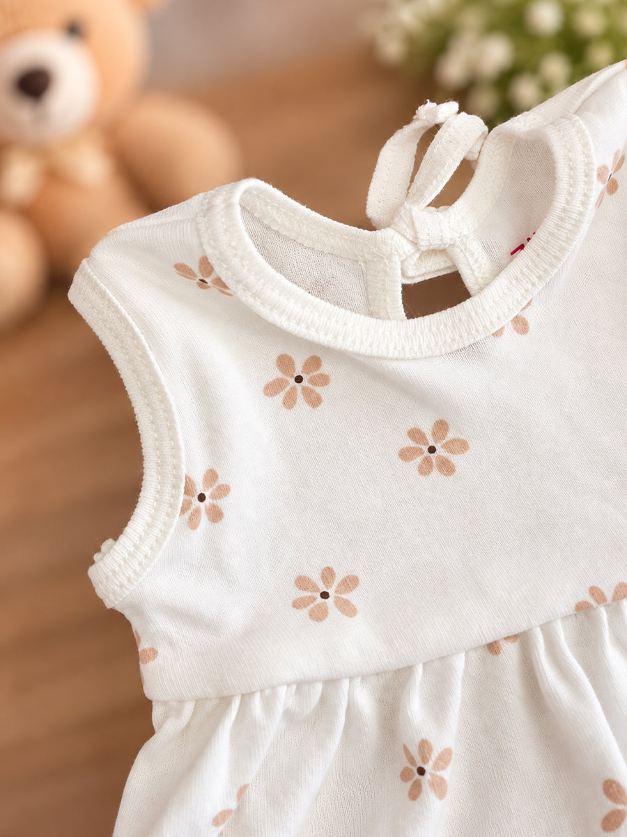 Ziva Baby Girl Frock with Pantie – Off White Beige Daisy Print | Premium Knitted Cotton | Back Knot Tie | 2-Piece Set