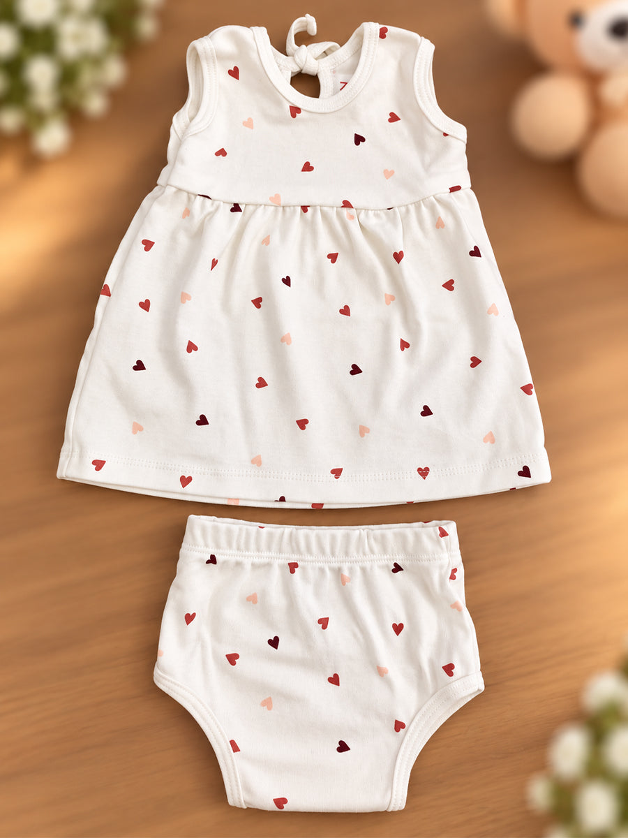 Ziva Baby Girl Frock with Pantie – Off White Multicolour Tiny Heart Print | Premium Knitted Cotton | Back Knot Tie | 2-Piece Set