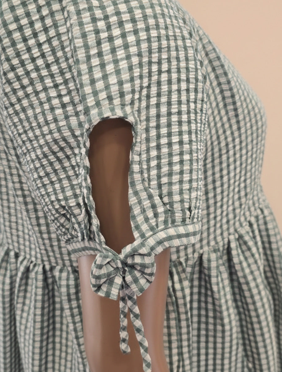 Trendy Maternity & Feeding Dress – Green & Off-White Gingham (Seersucker Fabric)