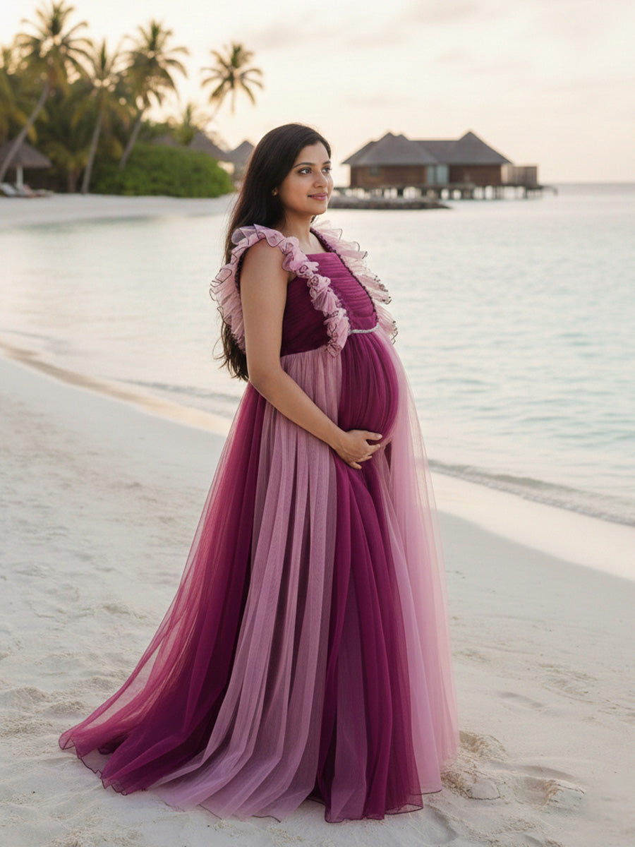Wine & Pink Shaded Baby Shower & Photoshoot Gown with Pleated Yoke and Flowing Net Skirt
