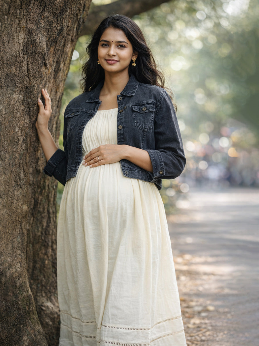 Light Cream Cotton Mull Maternity & Nursing Midi Dress with Soft Lining and Dark Grey Denim Jacket