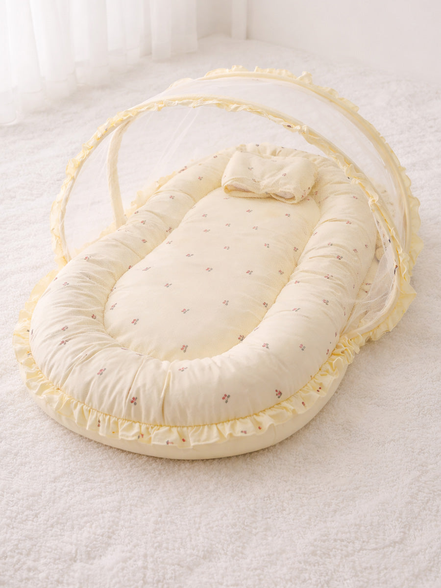 Ziva Baby Net Bed with Head Rest – Organic Cotton Cream Cherry Print