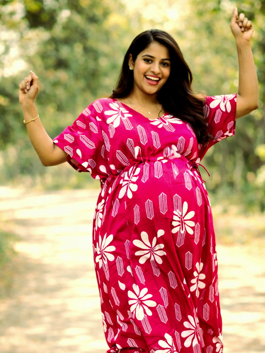 Ziva Rani Pink Floral Maternity & Feeding Kaftan | Premium Comfort