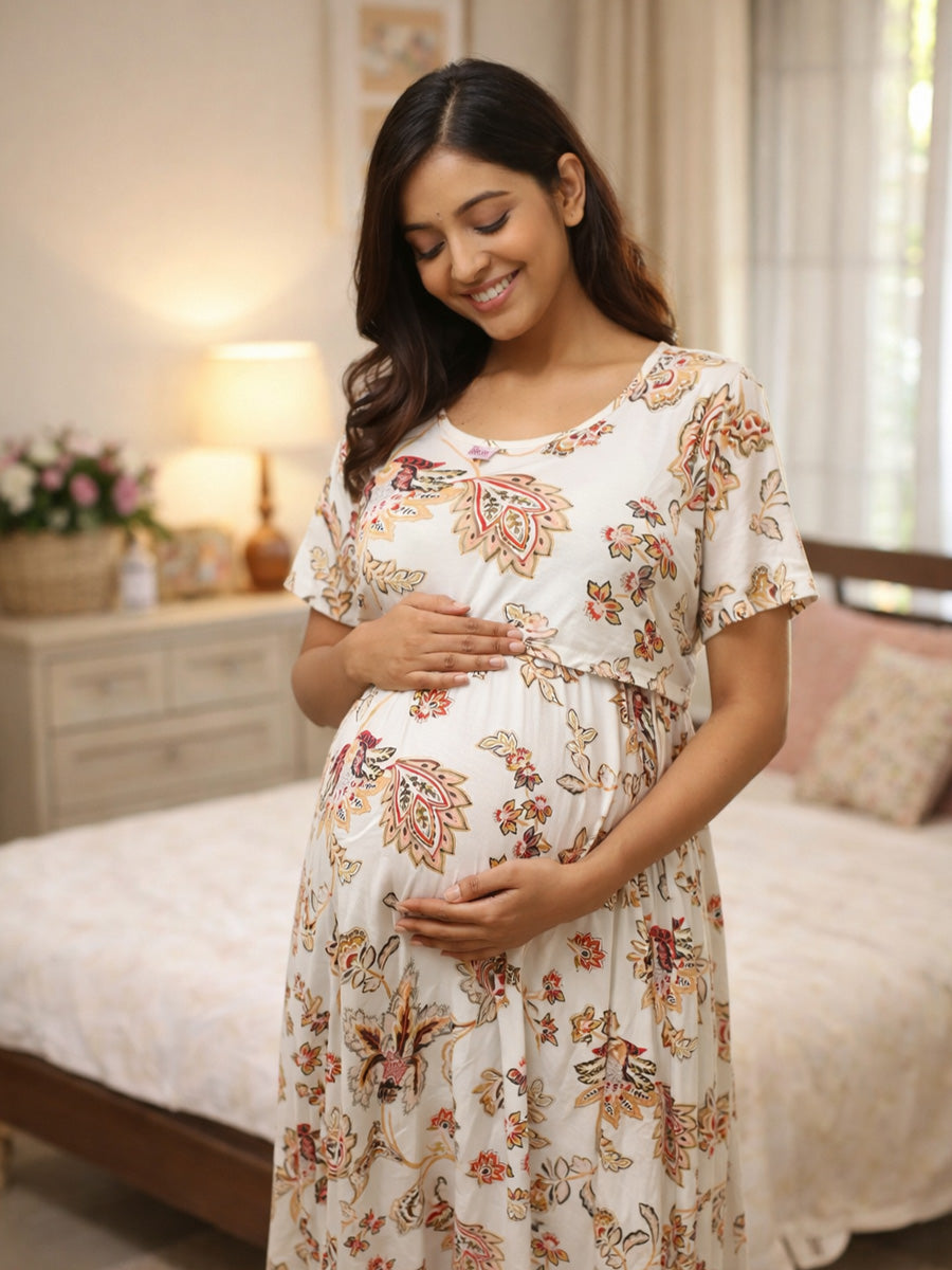 Ziva Zipless Maternity & Feeding Gathered Dress – Off-White Floral Paisley