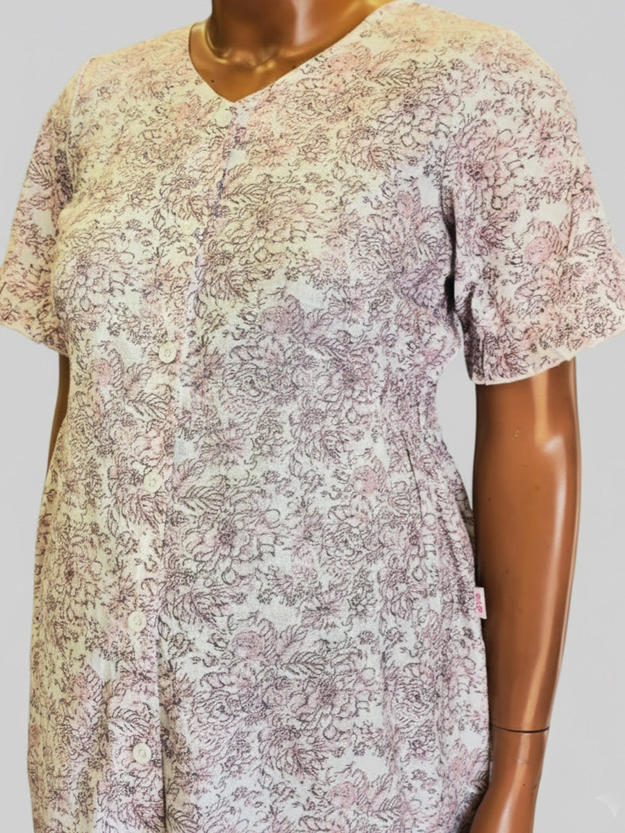 Cotton Full Open Floral Maternity Nighty – Full Length White & Peach Floral Print | Ziva