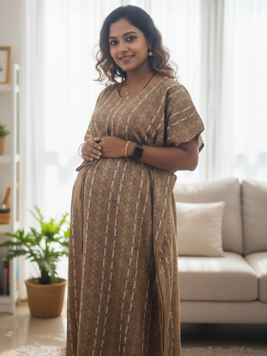Golden Brown Chevron Premium Maternity & Nursing Kaftan | Ziva