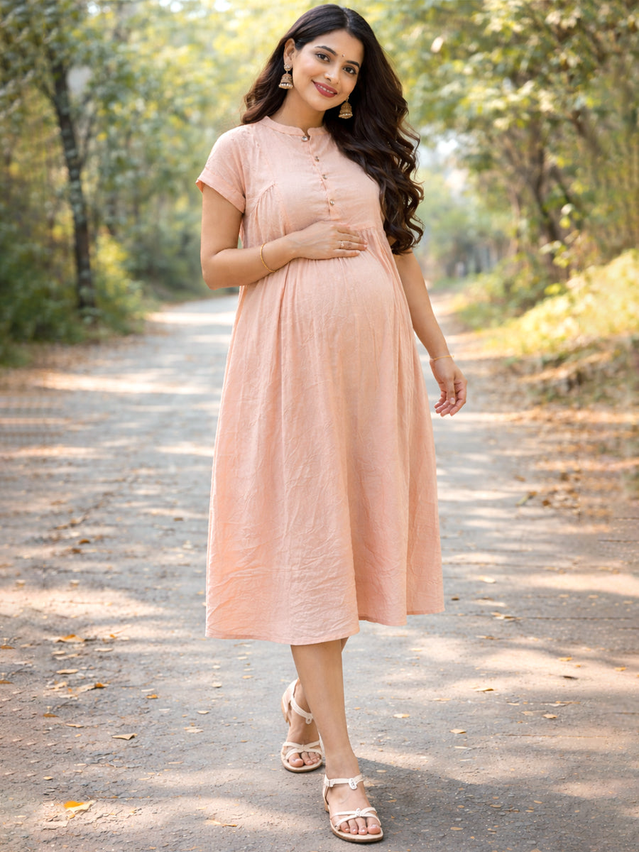 Ziva Peach Pink Premium Crinkle Textured Maternity & Nursing Dress