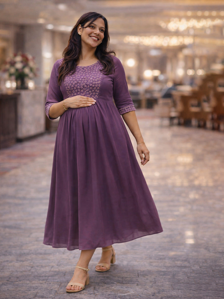 ZIVA Maternity & Feeding Elegant Purple Party Wear Dress with Pleated Yoke & D-Net Sleeves