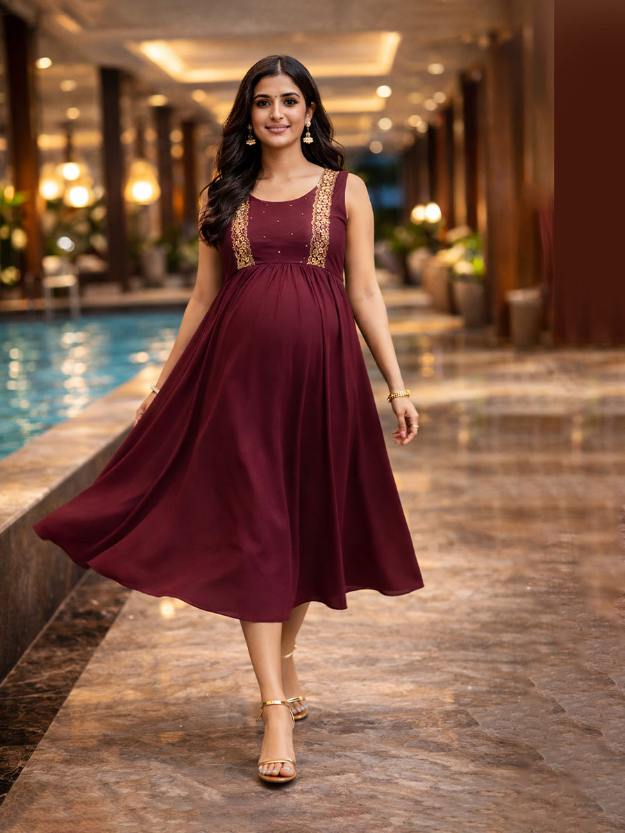 ZIVA Maroon Maternity & Feeding Multipurpose Party Wear & Photoshoot Gown with Peach D-Net Panels