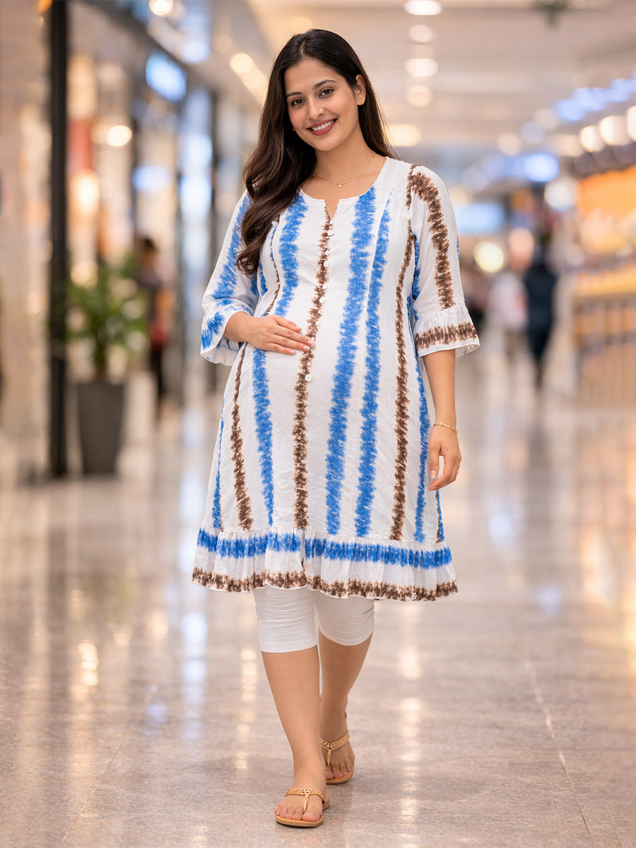 ZIVA White Tie-Dye Rayon Maternity & Feeding Knee-Length Dress with Potli Button Yoke