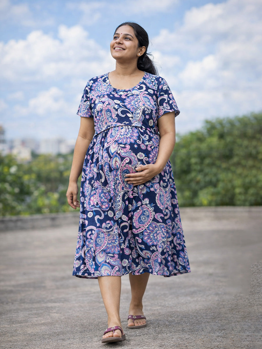 ZIVA Navy Paisley Zipless Maternity & Feeding Dress with Adjustable Tie and Side Pocket