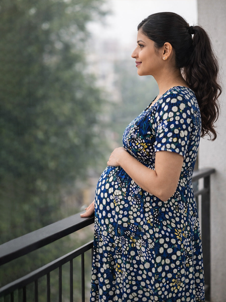 ZIVA Black Floral Zipless Maternity & Feeding Dress with Adjustable Tie and Side Pocket