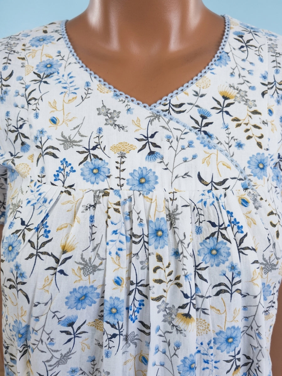 Ziva Cotton Maternity & Feeding Short Nighty with Pocket and Two Side Invisible Feeding Zips  – Blue & Yellow Floral
