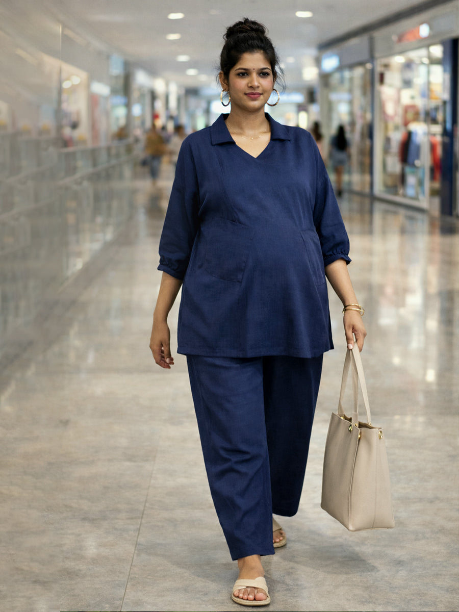 Ziva Maternity & Feeding Co-ord Set with Invisible Nursing Zip & Wide-Leg Adjustable Pant – Navy Blue