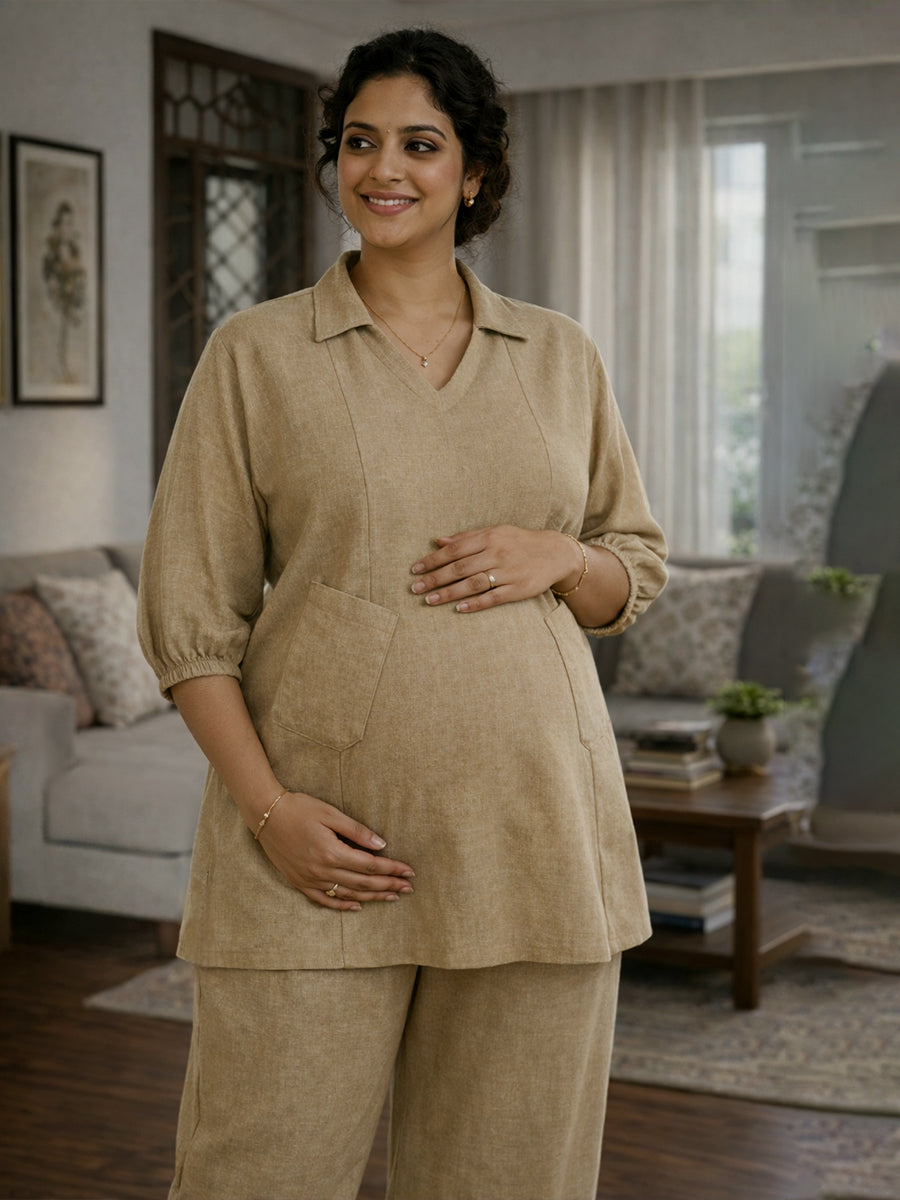 Ziva Maternity & Feeding Co-ord Set with Invisible Nursing Zip & Wide-Leg Adjustable Pant – Khaki