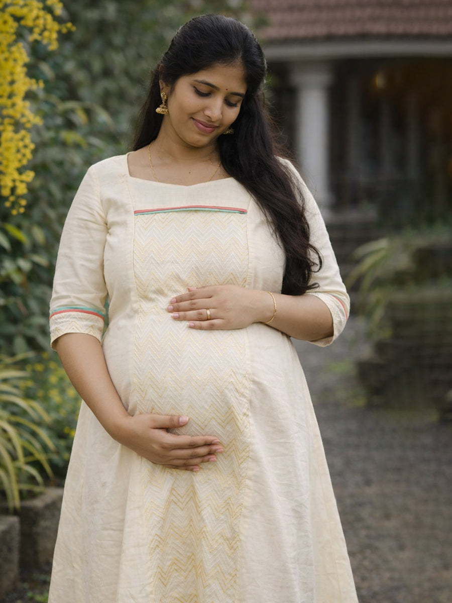 Ziva Maternity & Feeding Cotton Midi Dress with Concealed Zip – Off-White Vishu & Festive Collection