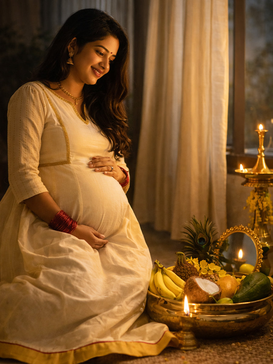 Ziva Maternity & Feeding Cotton Midi Dress with Concealed Zip – Off-White Vishu & Festive Collection