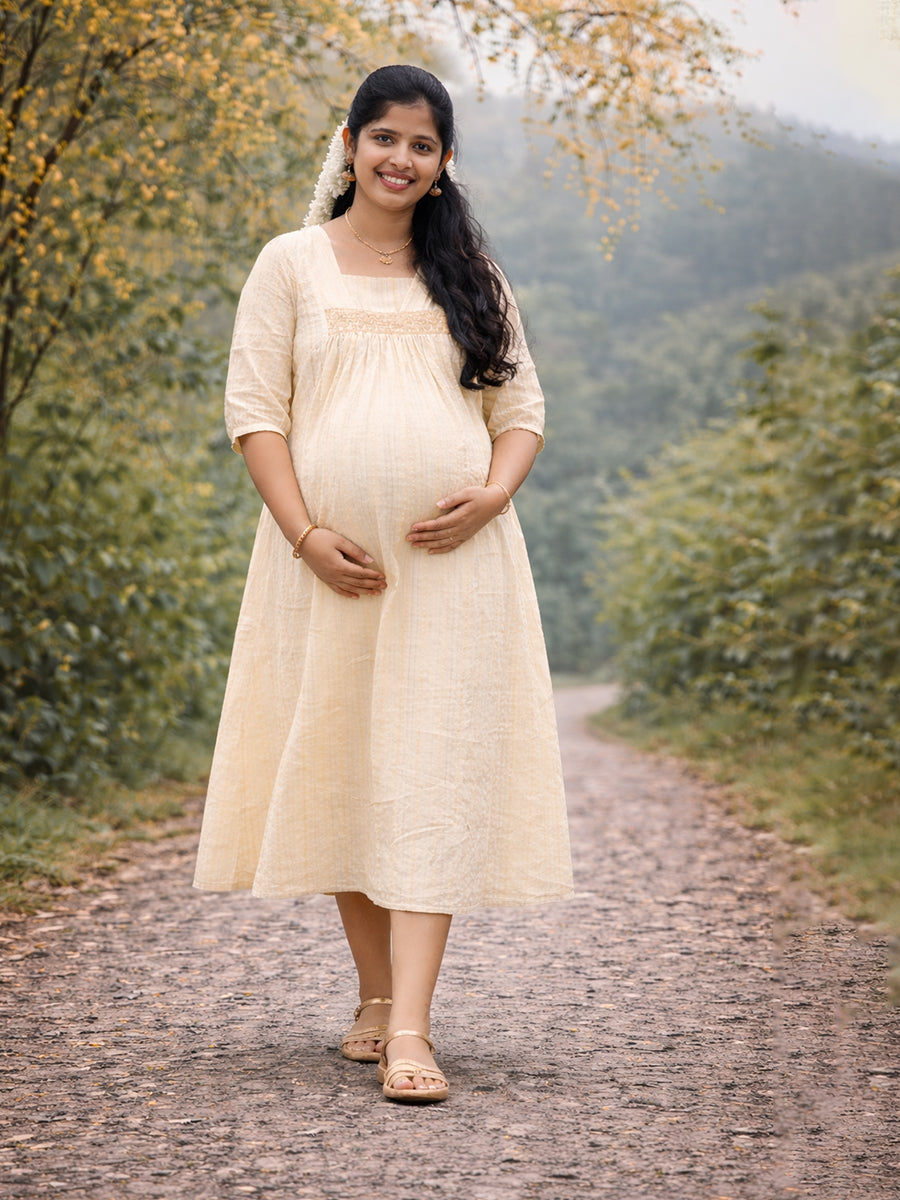 Ziva Maternity & Feeding Cotton Midi Dress with Embroidered Lace Yoke & Concealed Zip – Cream Vishu & Festive Collection