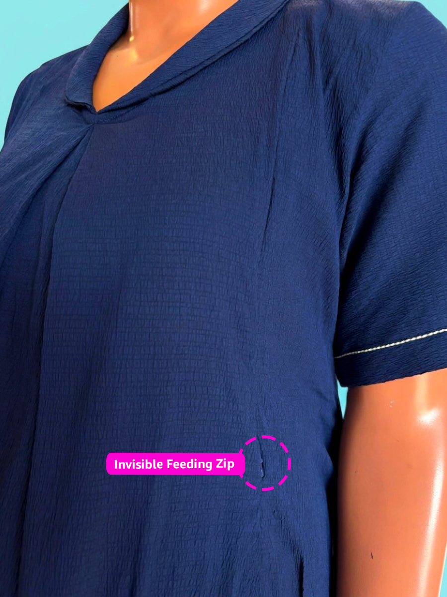 Ziva Maternity & Feeding A-Line Dress with Zip & Pocket – Deep Blue