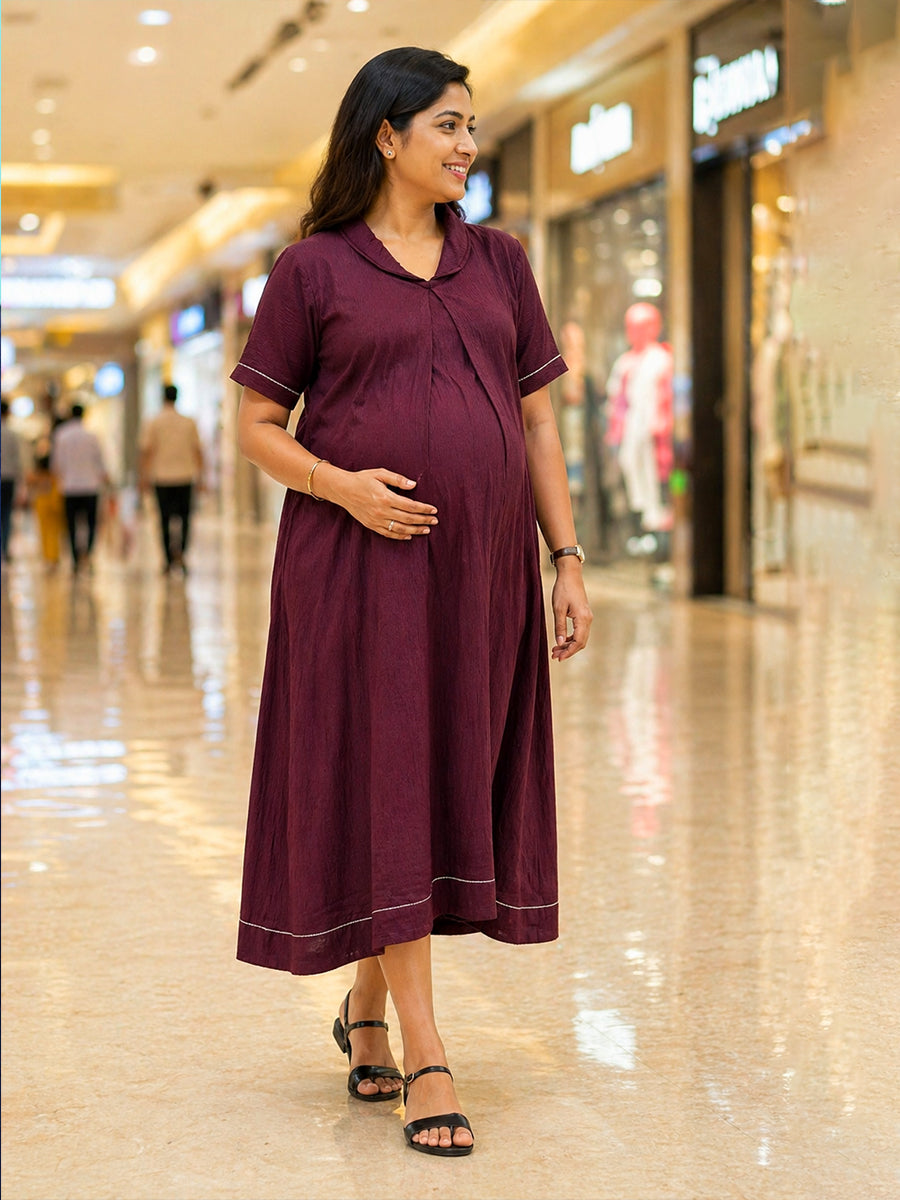 Ziva Maternity & Feeding  A-Line Dress with Zip & Pocket – Maroon